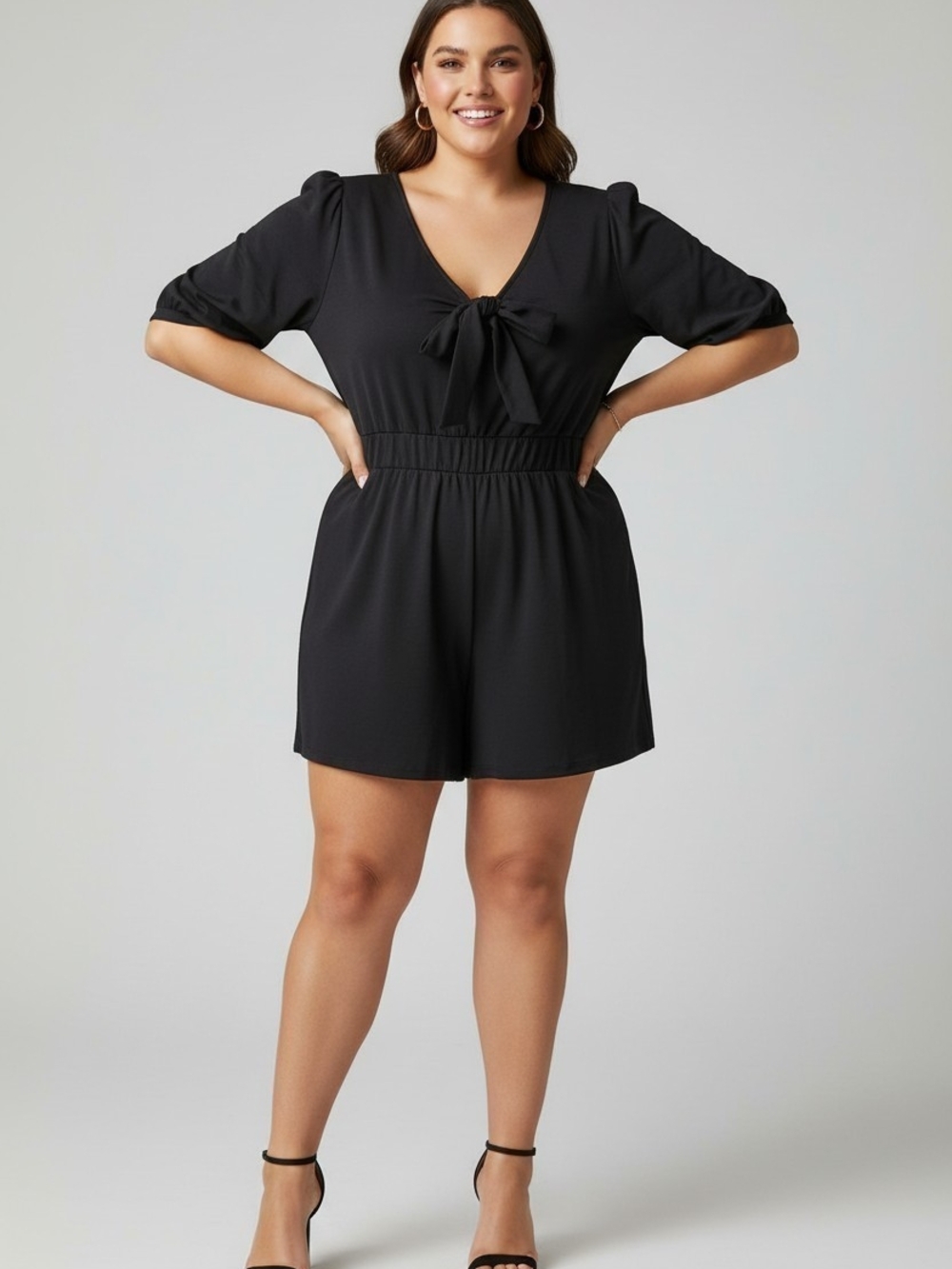 Black Tie-Front Short Sleeve Romper